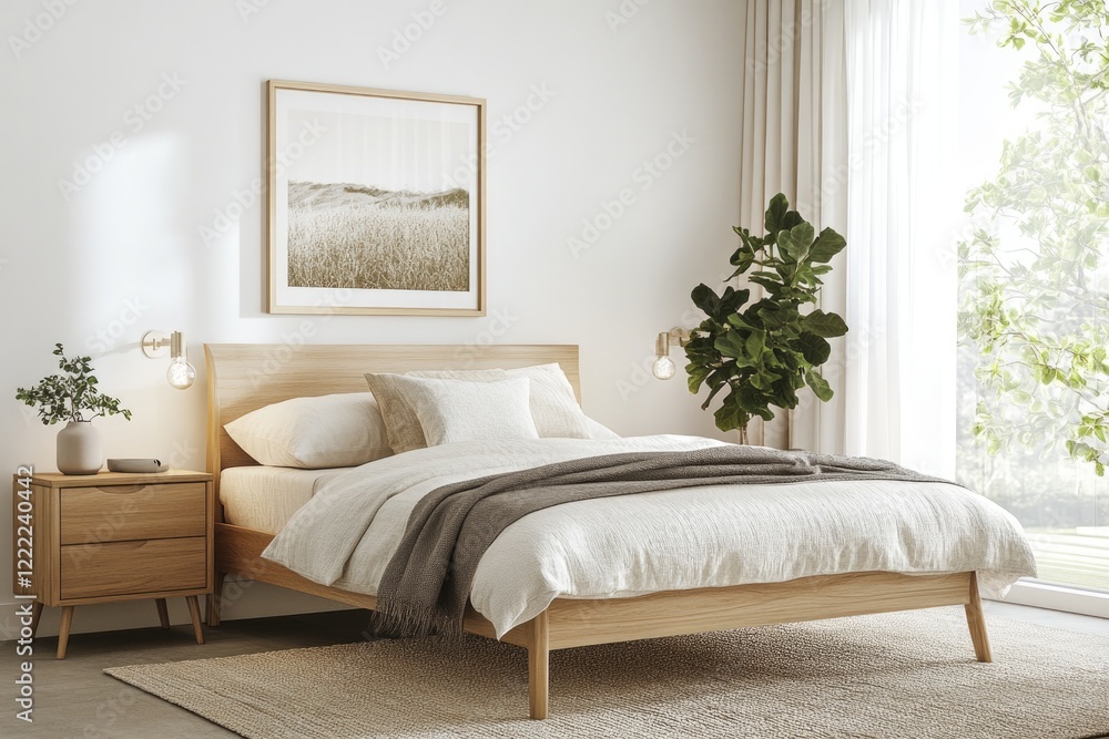 Fototapeta premium serene bedroom with white walls light wooden bed frame and neutral bedding