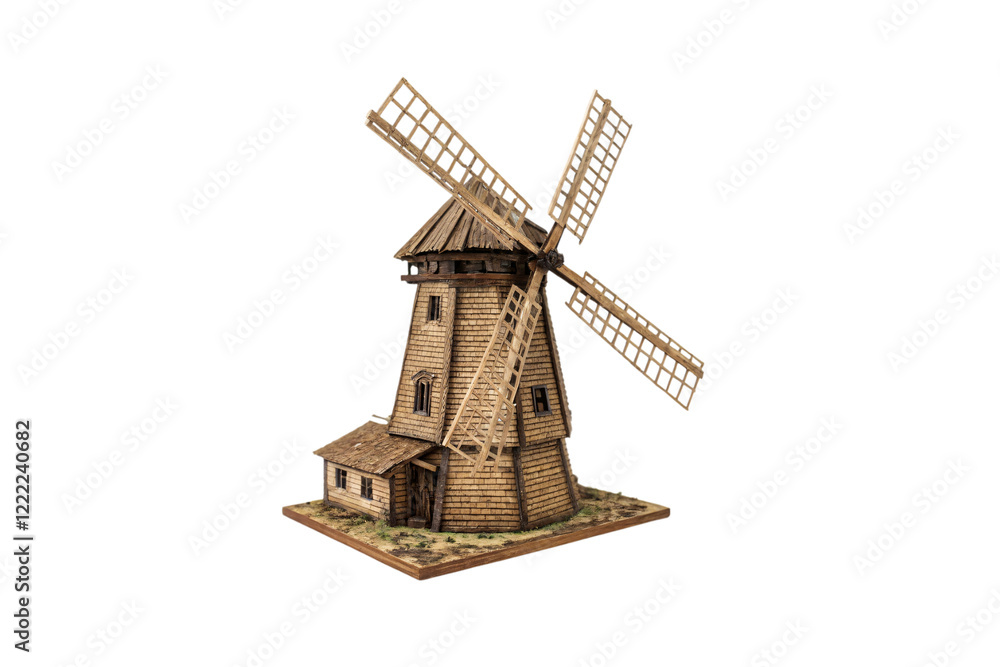 Obraz premium A detailed wooden windmill with intricate shingles and wide sails, surrounded by a grassy base for a rural charm, isolated on a transparent background