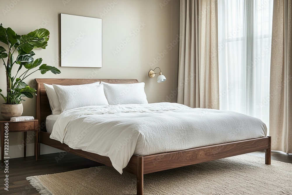 Fototapeta premium serene bedroom with low-profile wooden bed frame white bedding and single bedside table holding lamp and small plant
