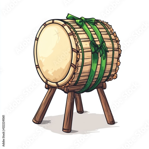 Festive Wooden Drum Decorated With Green Ribbon photo