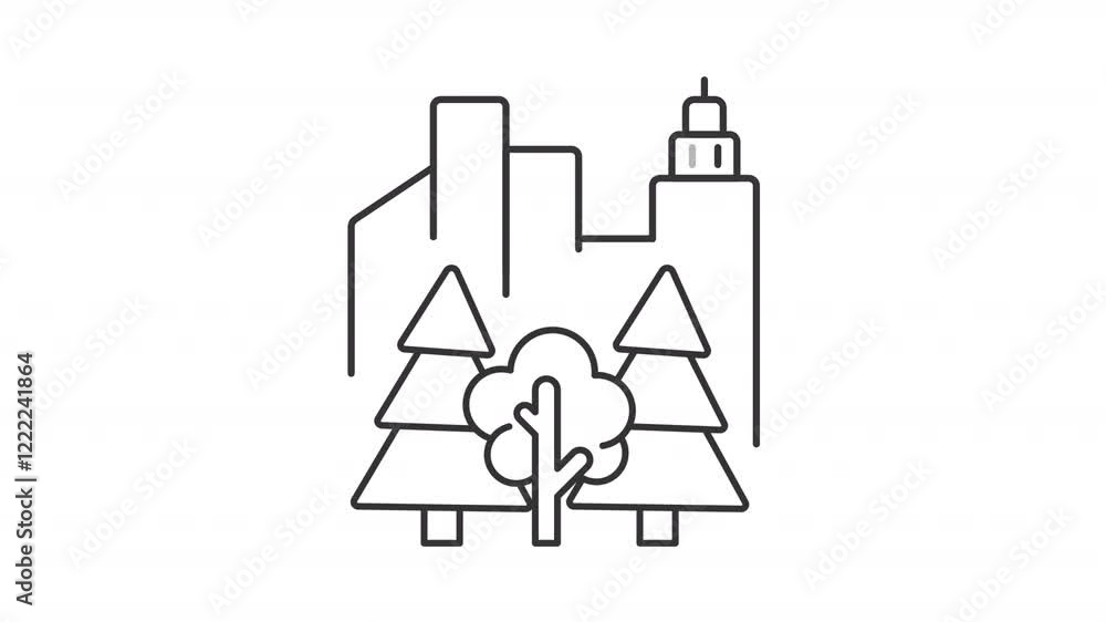 Urban forest line animation. Animated trees and cityscape icon. Sustainable urban planning. Green spaces. Black illustration on white background. HD video with alpha channel. Motion graphic Urban forest line animation. Animated trees and cityscape icon. Sustainable urban planning. Green spaces. Black illustration on white background. HD video with alpha channel. Motion graphic