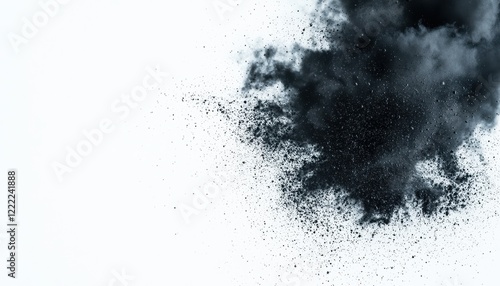 Fluid black particle streams dissolving into fine dust, creating a smoky and ethereal effect against a stark white background photo