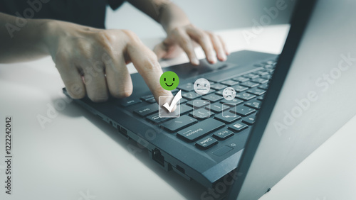 Satisfaction concept of customer, express their opinions, answers and satisfied scores, client is satisfied with pressing smile face icon, excellent service, good feedback from user