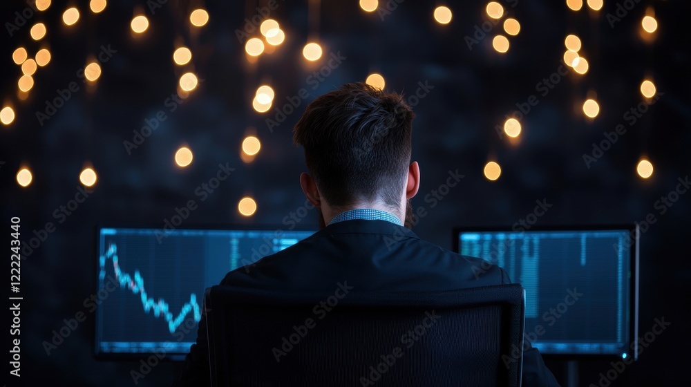Data Analysis and Analytics Financial analyst studying stock market performance on multiple monitors, dynamic and fast paced trading environment Data Analysis and Analytics Financial analyst studying stock market performance on multiple monitors, dynamic and fast paced trading environment