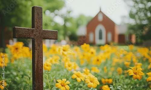 Metal cross in flower garden with blurred church in background, ideal for faith-based themes