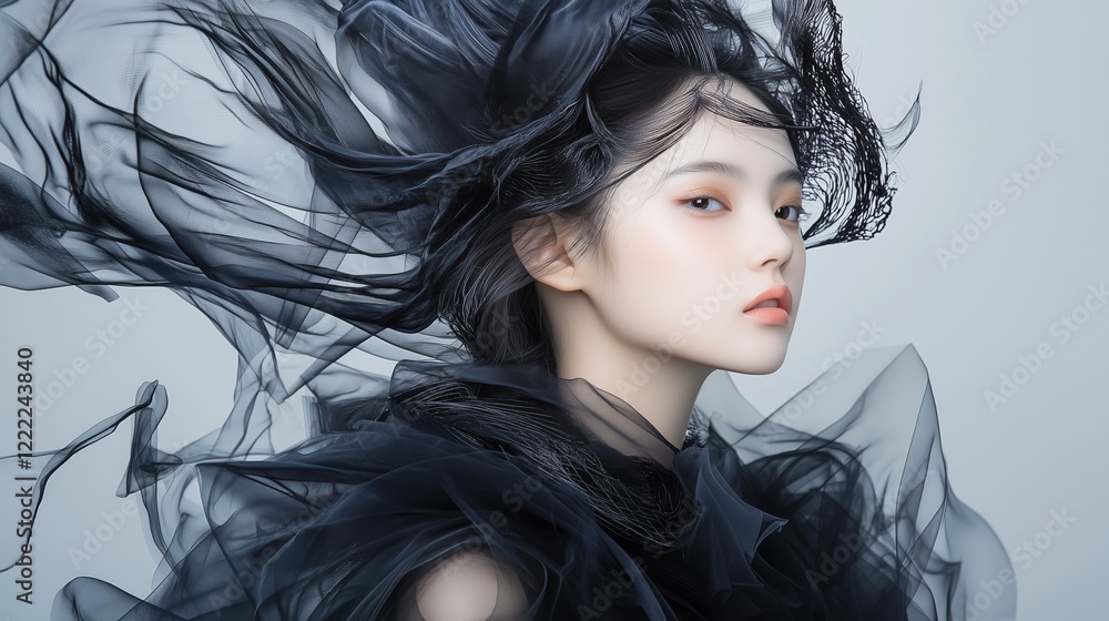 Naklejka premium Close-up portrait of a woman in a sheer black outfit with windblown fabric creating dramatic motion. High fashion and editorial style.