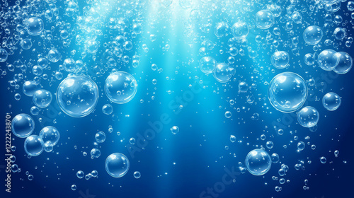 Wallpaper Mural Abstract background with air bubbles on blue water surface, dynamic motion, transparent aqua, randomly moving underwater fizzing, drink or cosmetics advertising design Realistic 3d vector illustration Torontodigital.ca