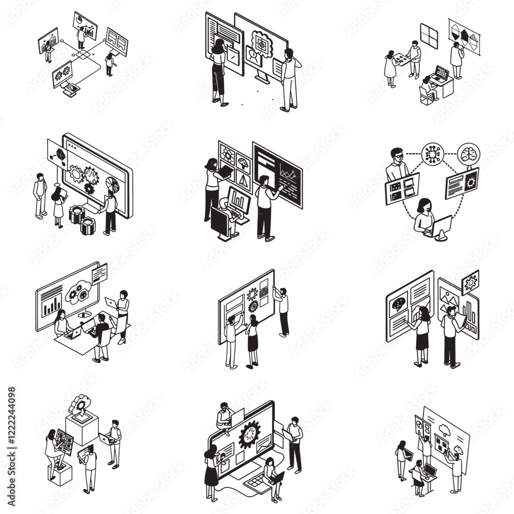 Naklejka premium Characters working with generative AI model tools. Deep learning, artificial intelligence, algorithm, infographic template. Isometric vector illustration. Prompt engineering concept.