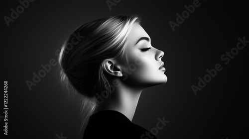 Black and white portrait of a woman in profile, emphasizing elegance and simplicity. Suitable for artistic or editorial use.
