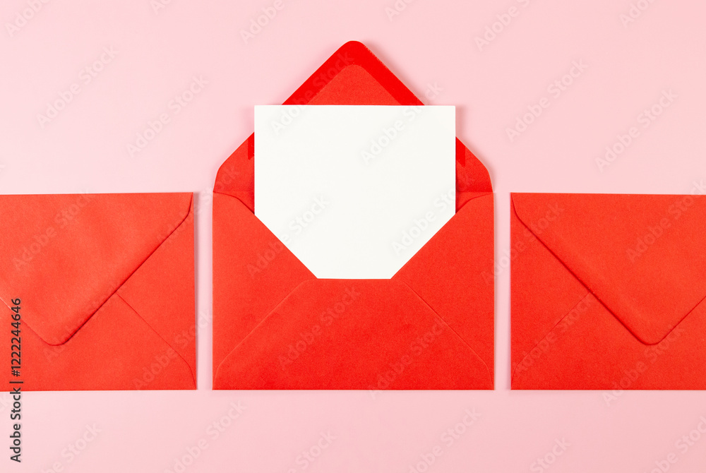 Top view of red envelopes, white card on pink background. Post flat lay. Copy space. Top view of red envelopes, white card on pink background. Post flat lay. Copy space.