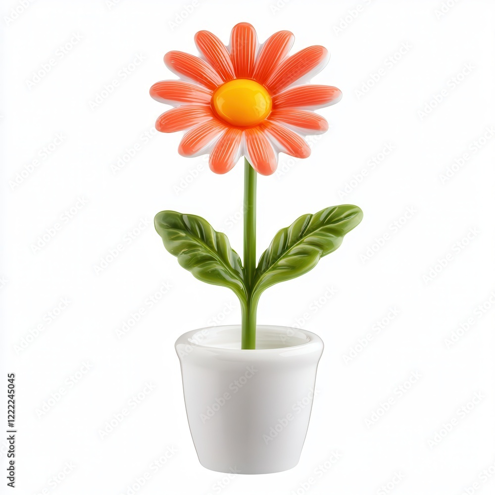 Fototapeta premium Orange Daisy Flowerpot Desk Decor, White Background