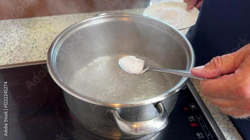 Chef adds salt to the into boiling water
