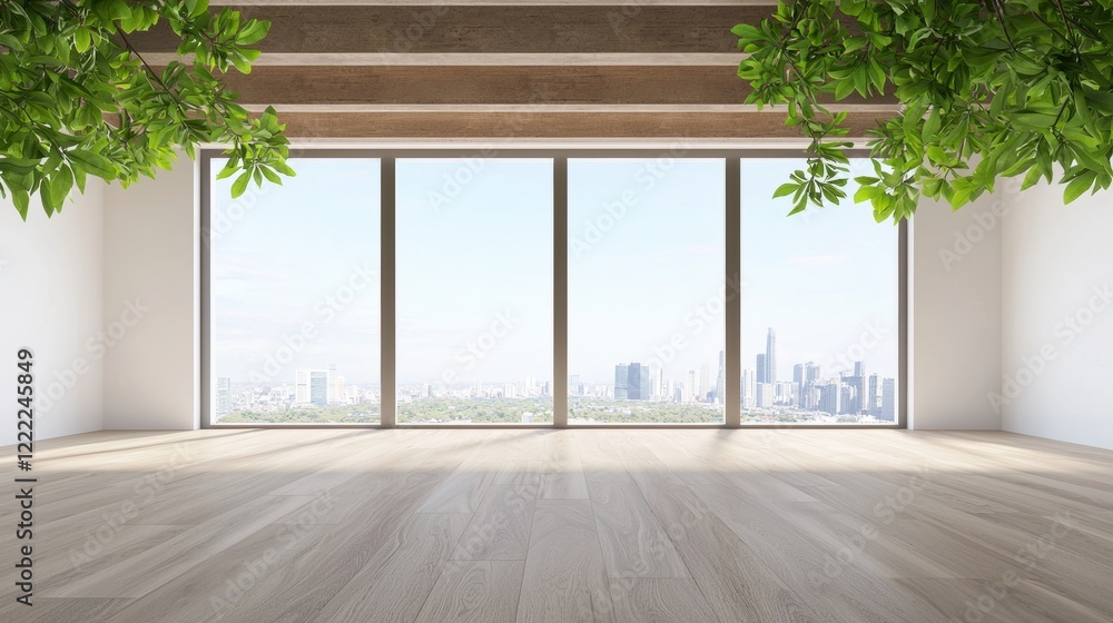 Fototapeta premium Living room Open Space Spacious loft with minimal furniture, large windows, and city views, open floor plan and industrial design