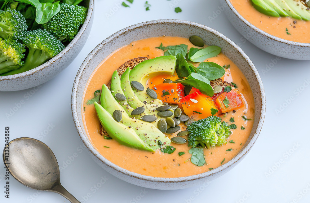 Vibrant Flat Lay of Vegetable Cream Soup Bowls and Avocado Toast with Fresh Green Leaves, Perfect for Health-Conscious Lunchtime Inspiration Vibrant Flat Lay of Vegetable Cream Soup Bowls and Avocado Toast with Fresh Green Leaves, Perfect for Health-Conscious Lunchtime Inspiration
