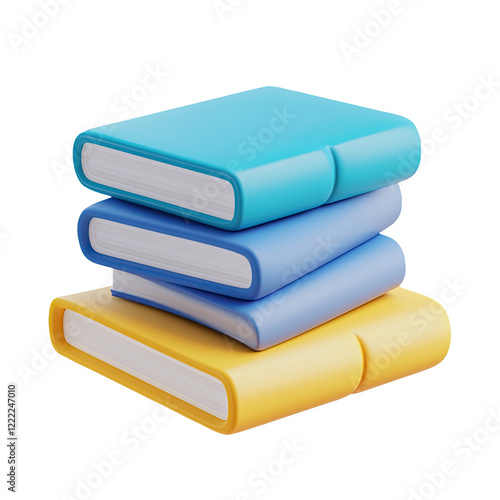 Colorful books stacked, 3D render, white background, education