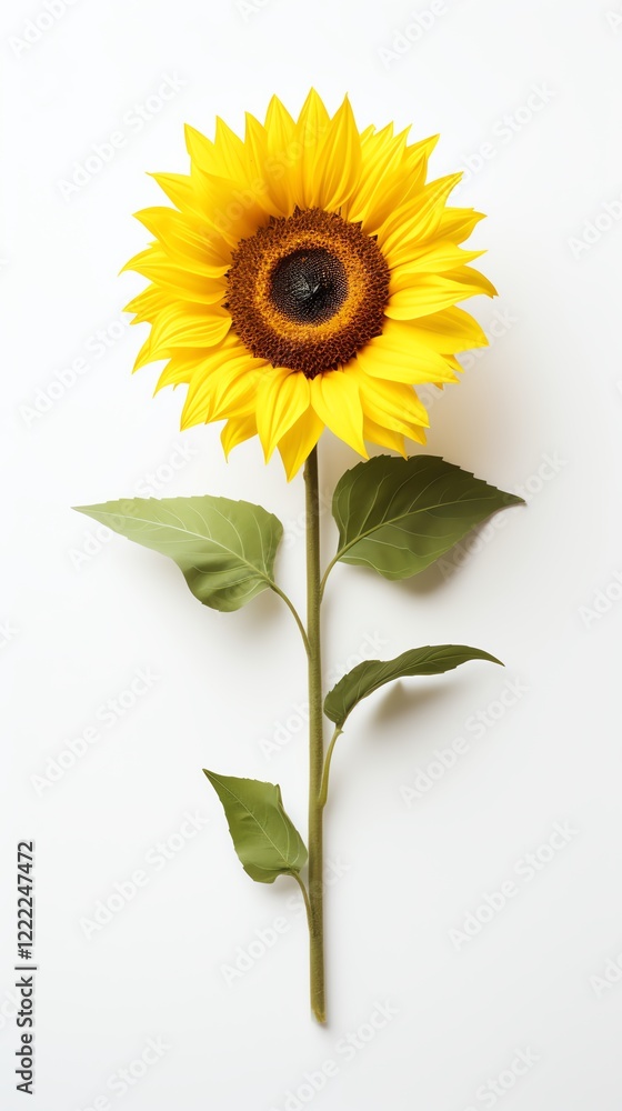 Naklejka premium Bright sunflower with green leaves, vivid colors.