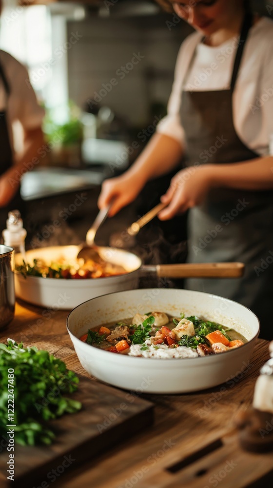 Freshly Prepared Vegetable Soup with Chefs in a Modern Kitchen Setting Surrounded by Fresh Ingredients Freshly Prepared Vegetable Soup with Chefs in a Modern Kitchen Setting Surrounded by Fresh Ingredients