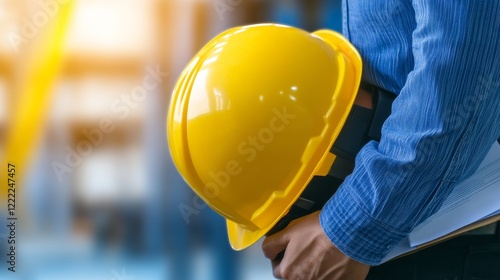 Construction worker holding a yellow hard hat in a building site with machinery in the background photo