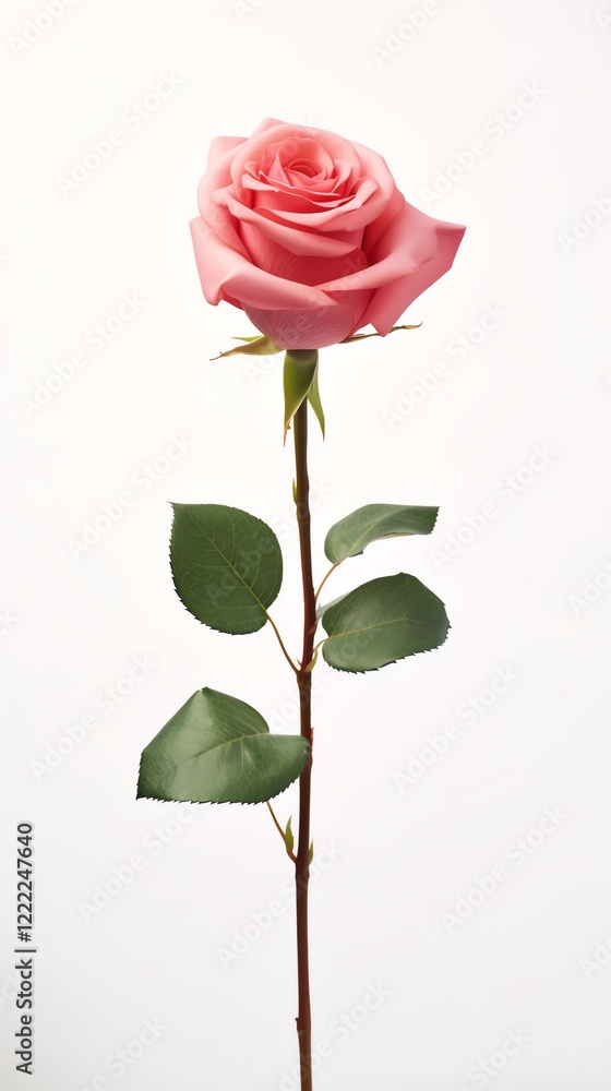Fototapeta premium Elegant pink rose with green leaves on a stem