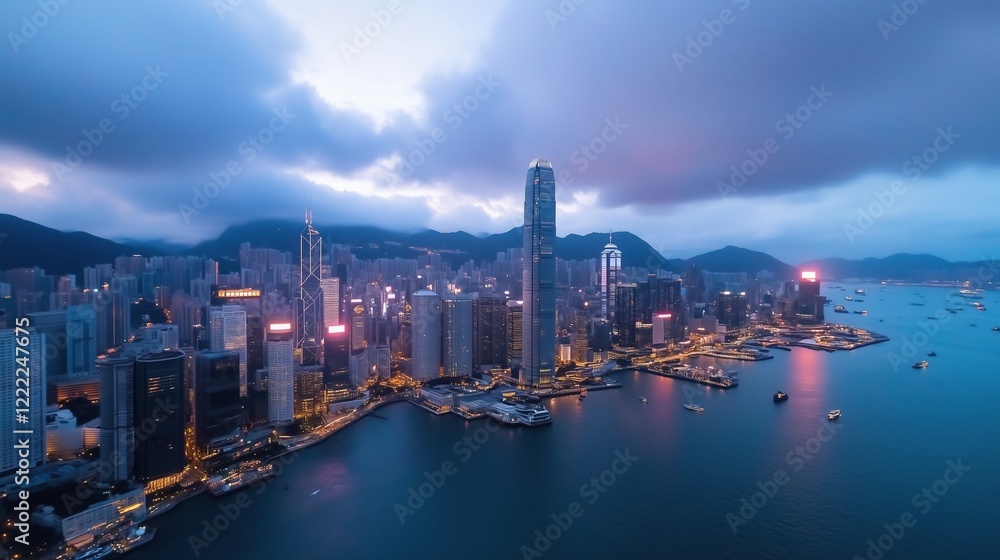 Dramatic aerial view of a modern cityscape at twilight with illuminated skyscrapers and a harbor. urban architecture and lifestyle Dramatic aerial view of a modern cityscape at twilight with illuminated skyscrapers and a harbor. urban architecture and lifestyle
