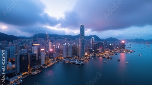 Dramatic aerial view of a modern cityscape at twilight with illuminated skyscrapers and a harbor. urban architecture and lifestyle