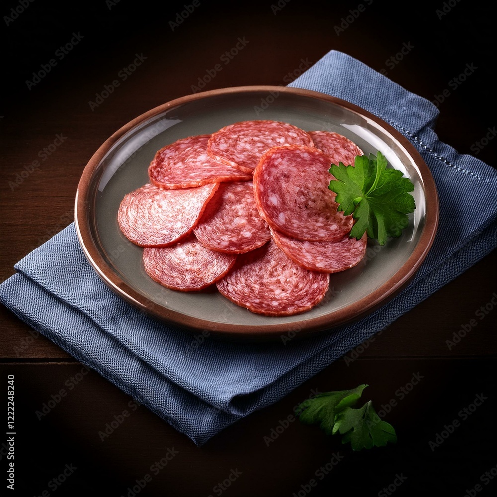 Fresh sliced salami in plate Fresh sliced salami in plate
