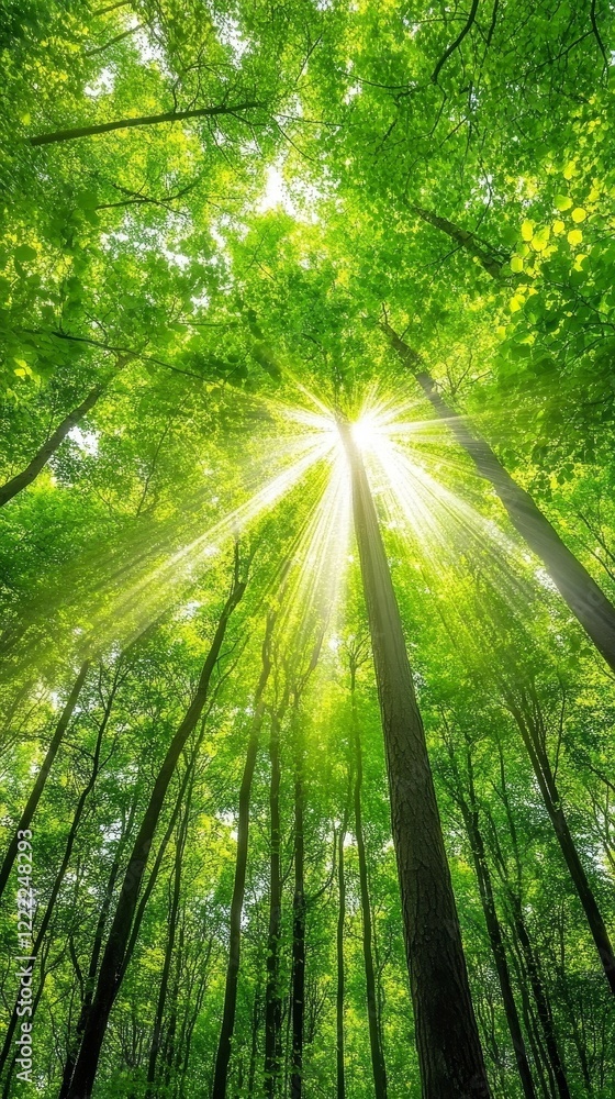Naklejka premium Sunlight Streaming Through Dense Tree Canopy in Serene Forest Environment, Creating a Peaceful and Tranquil Natural Scene with Rays of Light Penetrating Lush Green Foliage, Generative AI