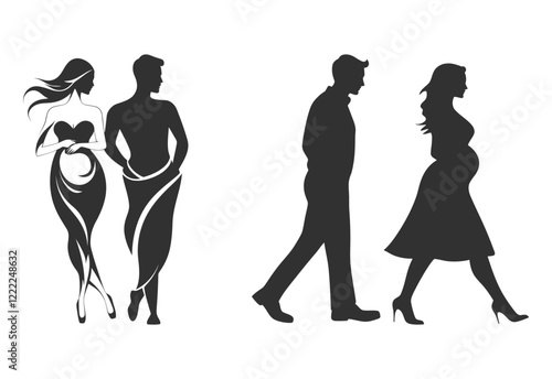 Minimalist Icon of Pregnant Couple Walking in Black on White