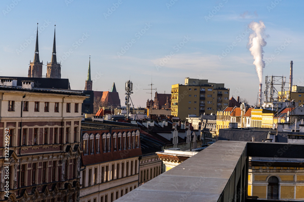 Fototapeta premium Panorama of the city of Wroclaw on the roofs of houses. Poland
