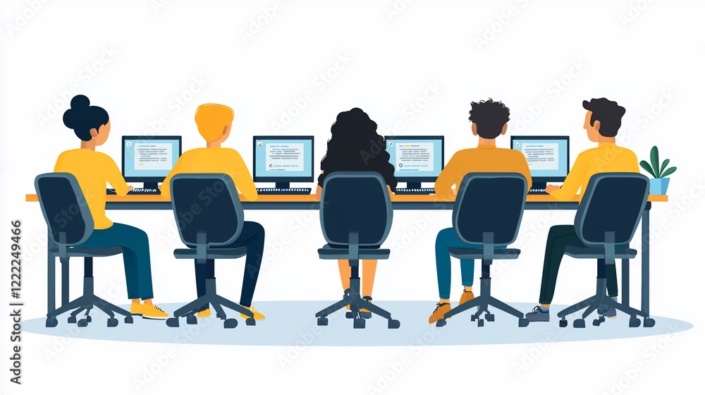 Team of diverse people working together on computers in an office. Team of diverse people working together on computers in an office.