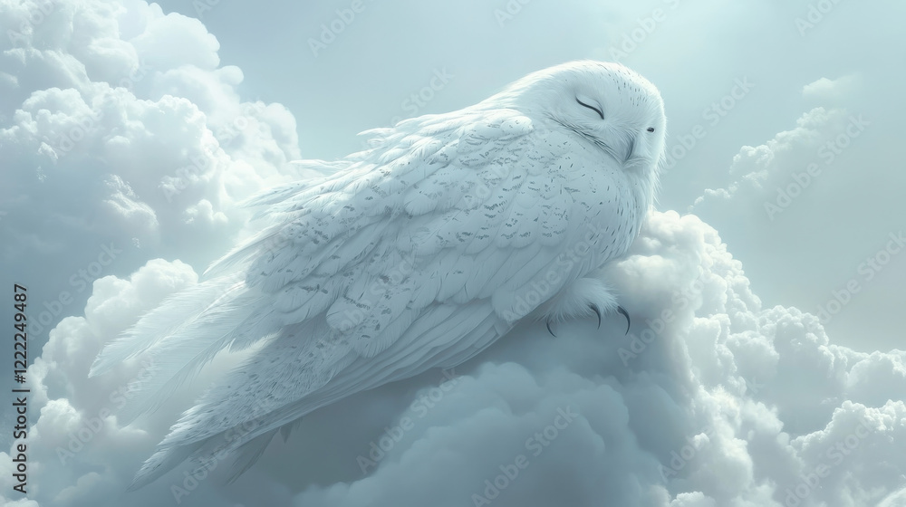 A white owl resting gracefully on a cloud, its feathers flowing into the cloud as if one entity A white owl resting gracefully on a cloud, its feathers flowing into the cloud as if one entity