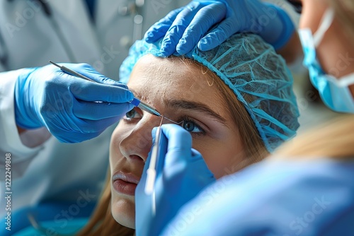 Doctor examining patient s nose in preparation for rhinoplasty procedure on white background photo