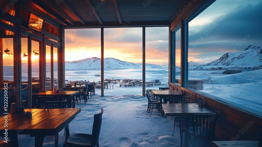Fototapeta premium Restaurant with big glass windows in north pole 