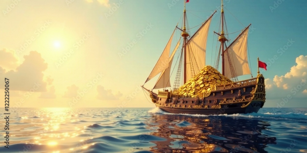 A Golden Treasure Galleon Sailing Towards a Sunlit Horizon, Carrying a Mountain of Wealth Across the Ocean Waves