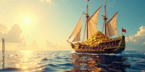 A Golden Treasure Galleon Sailing Towards a Sunlit Horizon, Carrying a Mountain of Wealth Across the Ocean Waves