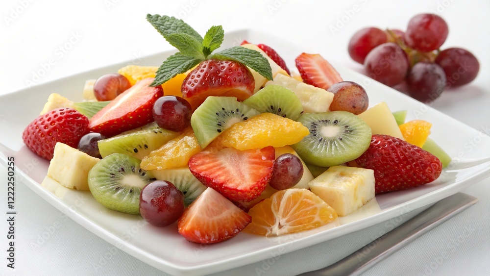 Fresh fruit salad featuring strawberries, grapes, kiwi, and more on a decorative plate Fresh fruit salad featuring strawberries, grapes, kiwi, and more on a decorative plate