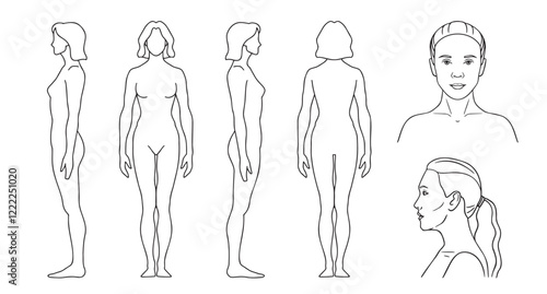 human silhouette woman outline template. vector line figure of a person in front, back, side. 