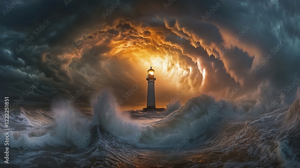 Fototapeta premium Lighthouse Amidst a Stormy Sea: A Beacon of Hope