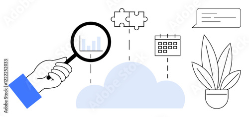 Hand holding magnifying glass over data cloud with puzzle piece, calendar, and chat box above. Potted plant on side. Ideal for data analysis, project management, teamwork, cloud computing, problem