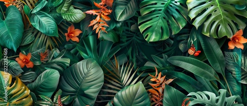Fototapeta Naklejka Na Ścianę i Meble -  Lush tropical plants wallpaper design featuring a vibrant jungle background with large green leaves and a colorful bird in a serene backyard landscape mural