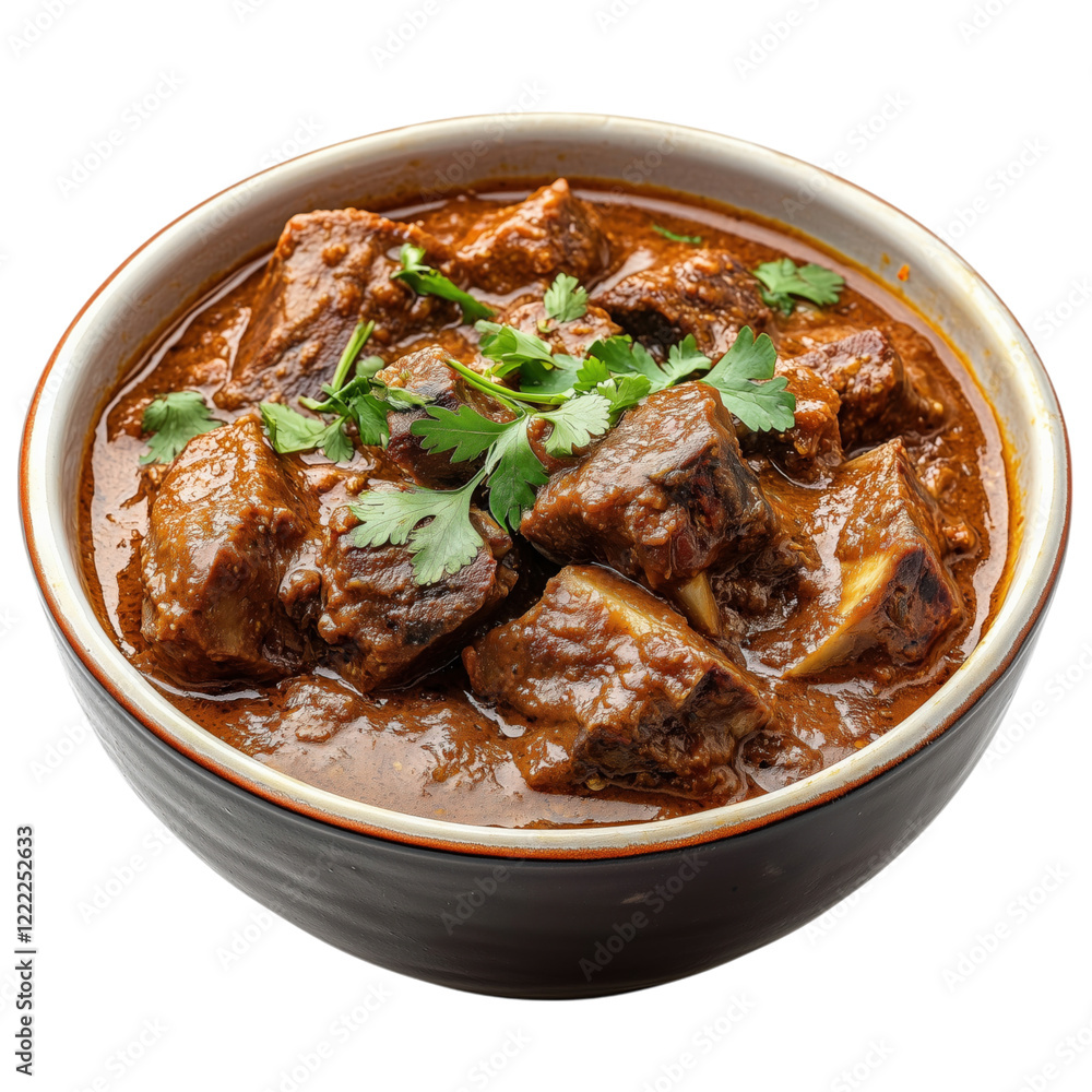 Delicious mutton curry in a ceramic bowl garnished with fresh cilantro. Tender meat chunks in rich spiced gravy, ideal for food designs, menus, and culinary projects isolated on transparent background Delicious mutton curry in a ceramic bowl garnished with fresh cilantro. Tender meat chunks in rich spiced gravy, ideal for food designs, menus, and culinary projects isolated on transparent background