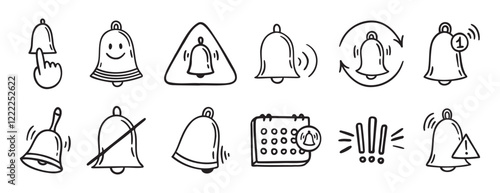 bell notification related doodle hand drawn icon set. Outline drawing bell line clipart symbol collection