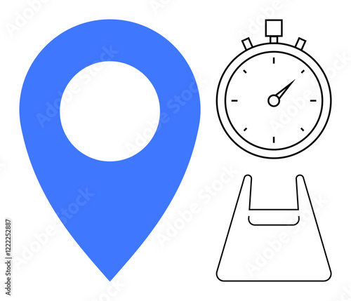 GPS pin in blue, stopwatch, and shopping bag icon in black and white. Ideal for delivery services, navigation apps, time management, online shopping, logistics planning retail marketing. Abstract