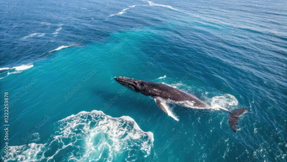 Naklejka premium Whale natural world. World Whale Day Save the Ocean. A majestic whale swimming gracefully in the clear blue ocean waters.