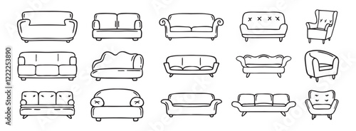 sofa and armchair doodle hand drawn icon set. luxury couch for apartment, comfort sofa models. Outline drawing sofa and armchair line clipart symbol collection