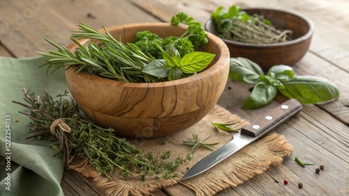 Fresh herbs rosemary, thyme, and basil arranged in a rustic wooden bowl on a wooden table with a knife and fabric