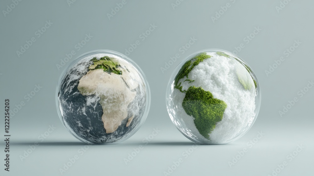Analysis and Global Warming concept. Two globe models showing contrasting environments: one green, one icy. Analysis and Global Warming concept. Two globe models showing contrasting environments: one green, one icy.