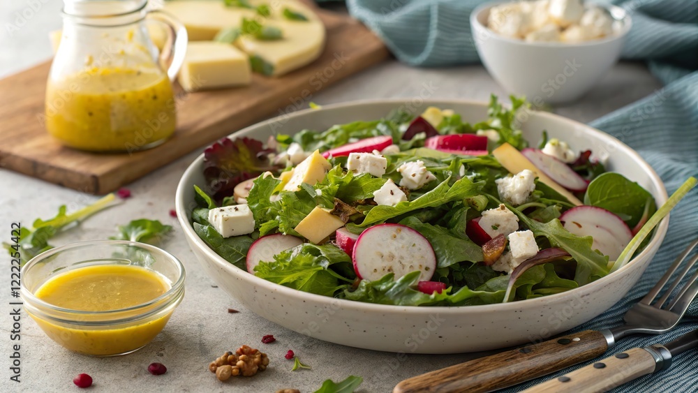 Delicious cheese salad with mixed greens, radishes, and a tangy dressing served on a rustic wooden table Delicious cheese salad with mixed greens, radishes, and a tangy dressing served on a rustic wooden table