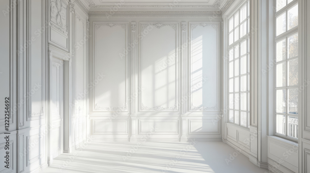 Fototapeta premium White wall with windows in luxury victorian style, empty vintage room interior, background with square and rectangular molding stucco panels. Home in ancient english style Realistic 3d vector mock up