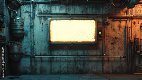 A cyberpunk-inspired industrial metal wall with a bright glowing display surrounded by pipes and mechanical elements creating a sci-fi feel  
 photo